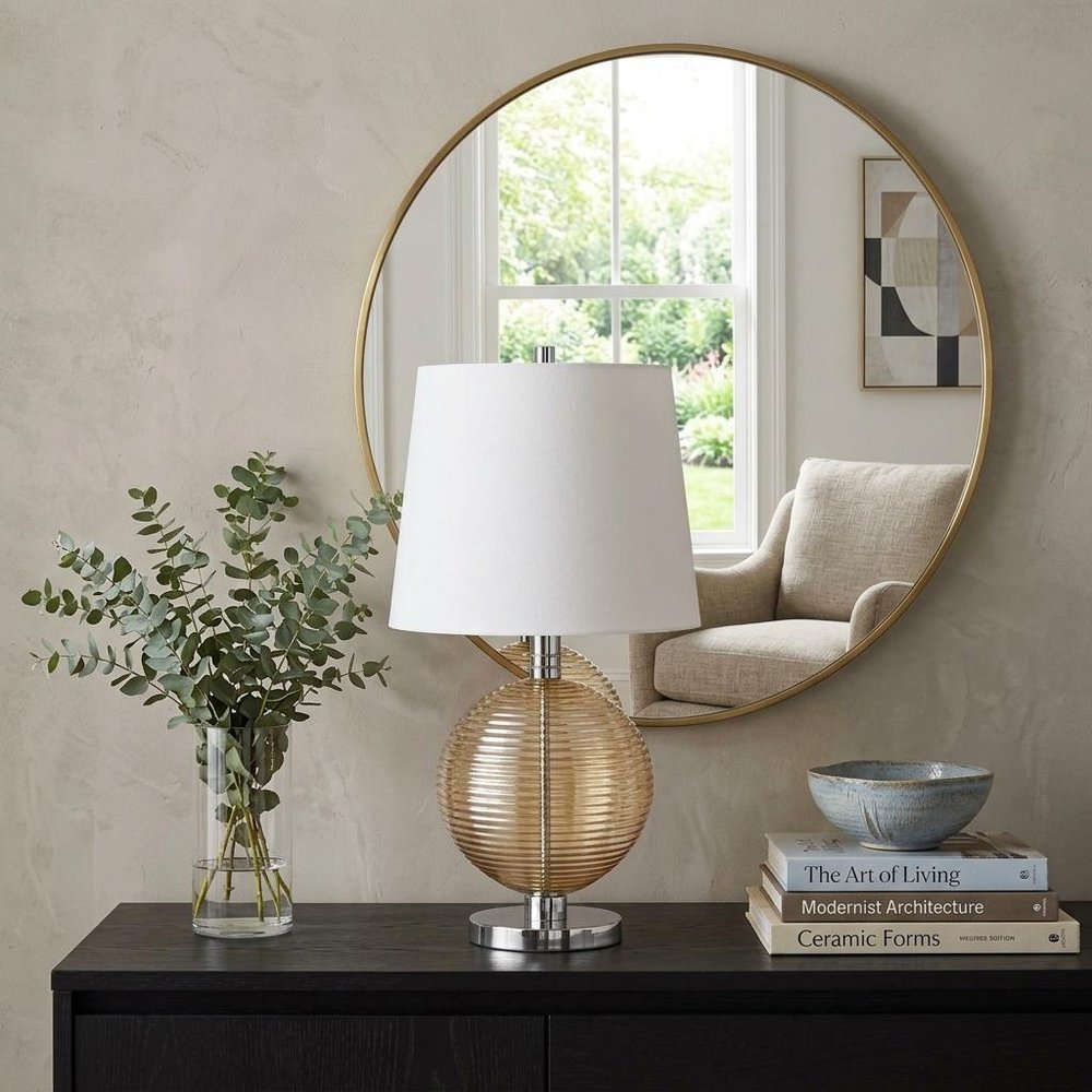 28" Nickel Metal Globe Table Lamp With White Empire Shade displayed on a tabletop in a furnished interior against a tan wall in silver metal.