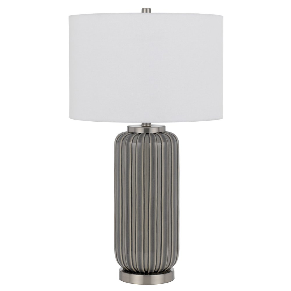 29" Gray Metal Cylinder Table Lamp With White Drum Shade. Table lamp isolated on a plain white background, finished in white metal.