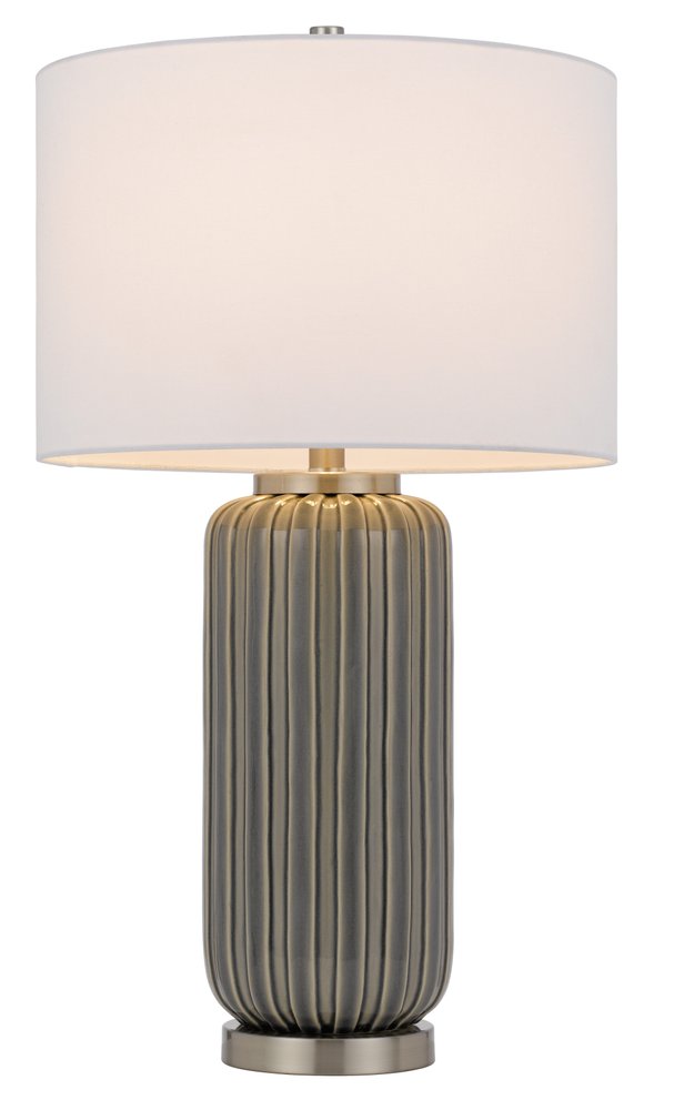 29" Gray Metal Cylinder Table Lamp With White Drum Shade. Table lamp isolated on a plain white background, in a white metal finish.