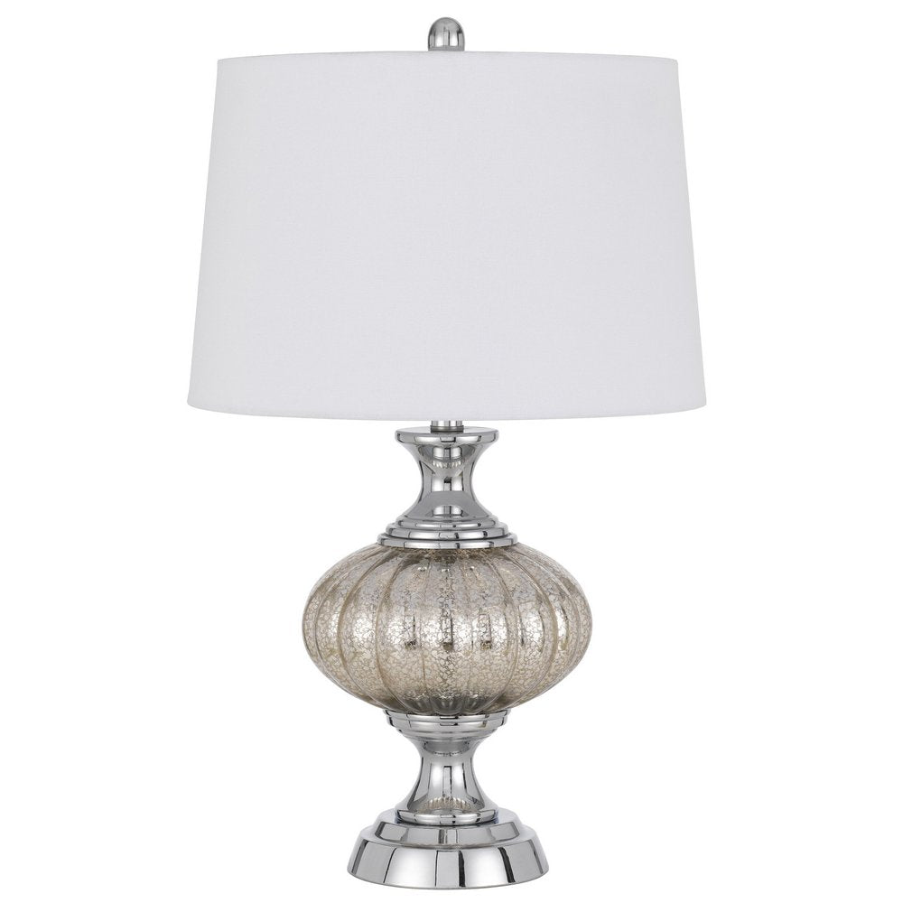 27" Silver Metallic Metal Table Lamp With White Empire Shade. Table lamp isolated on a plain white background, in a silver metal finish.