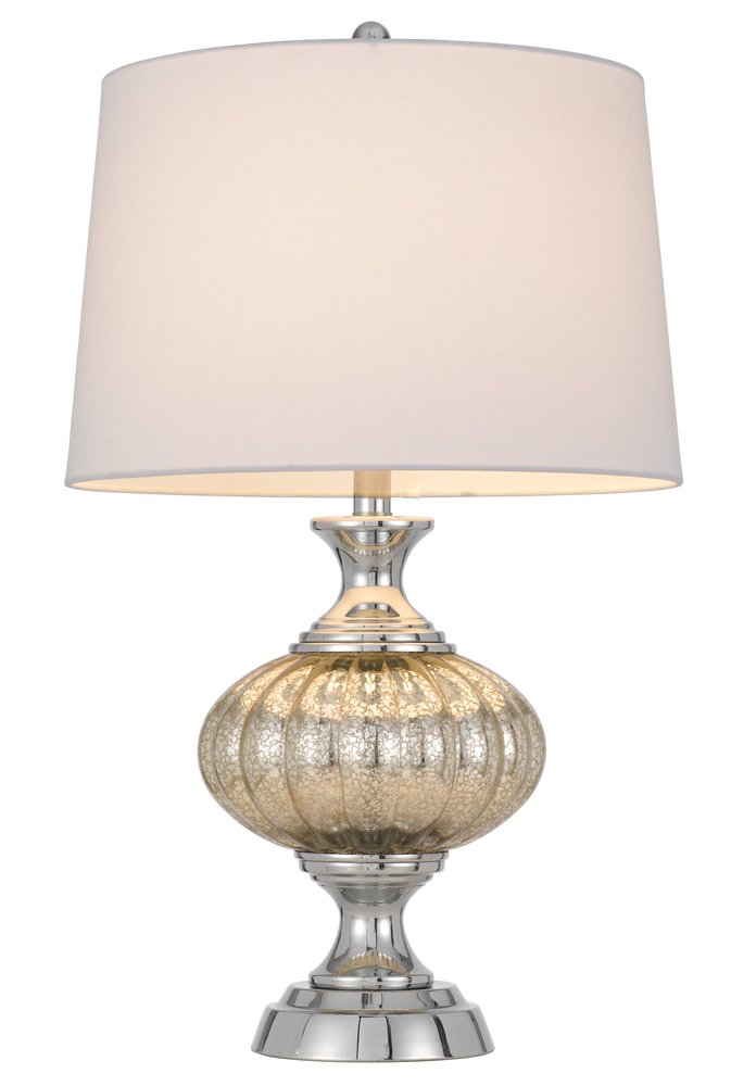 27" Silver Metallic Metal Table Lamp With White Empire Shade. Table lamp isolated on a plain white background, showing a white metal surface.