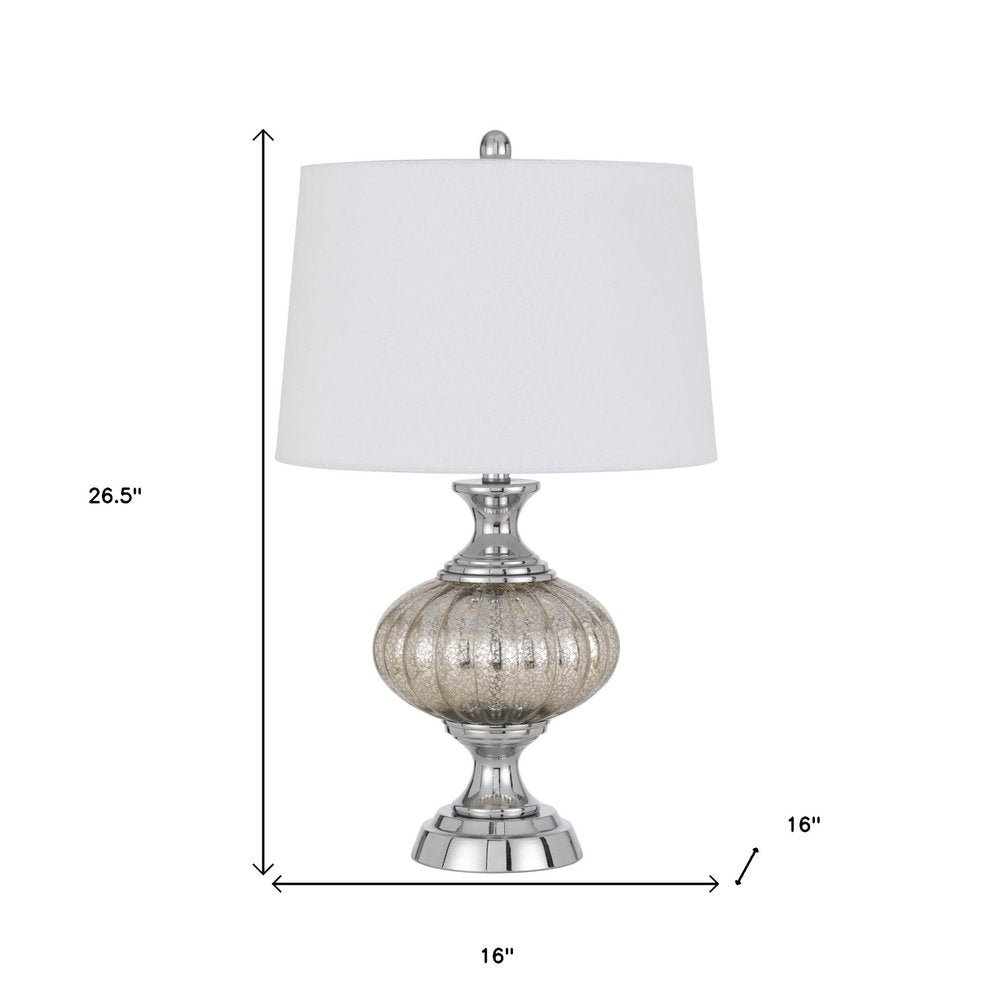 27" Silver Metallic Metal Table Lamp With White Empire Shade. Table lamp isolated on a plain white background, finished in silver metal.