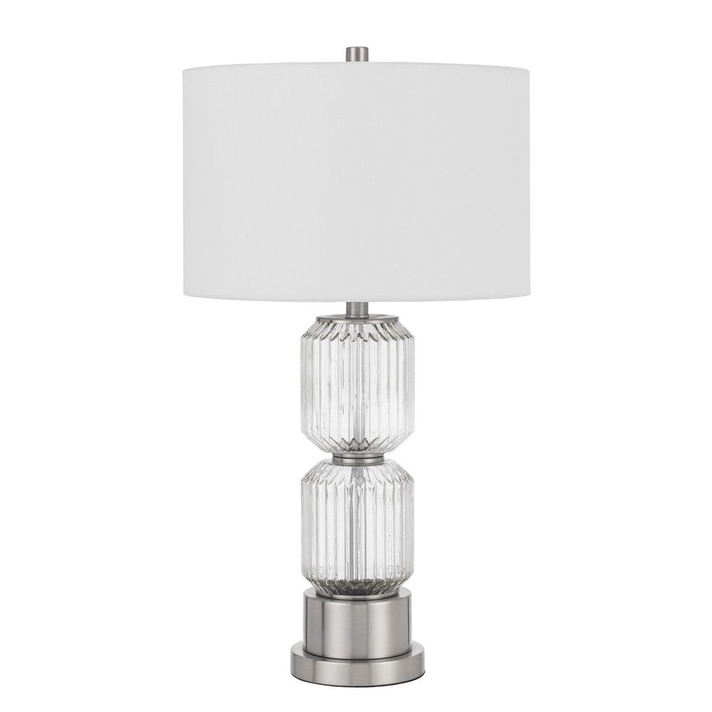 28" Nickel Metal Table Lamp With White Drum Shade. Table lamp isolated on a plain white background, showing a silver metal surface.