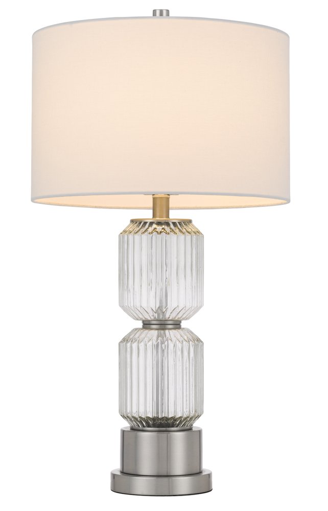 28" Nickel Metal Table Lamp With White Drum Shade. Table lamp isolated on a plain white background, in a silver metal finish.