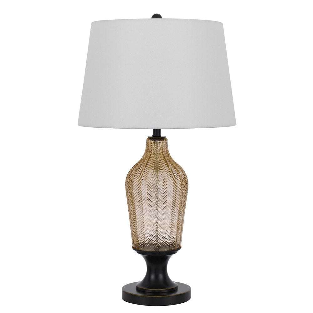 31" Bronze Glass Table Lamp With White Empire Shade. Table lamp isolated on a plain white background, finished in white glass.