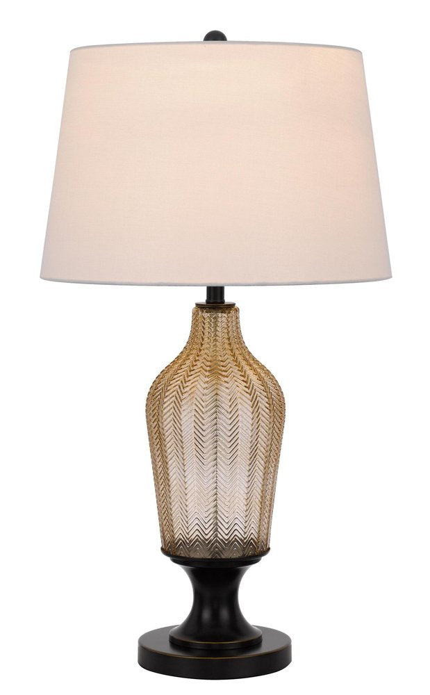 31" Bronze Glass Table Lamp With White Empire Shade. Table lamp isolated on a plain white background, showing a white glass surface.