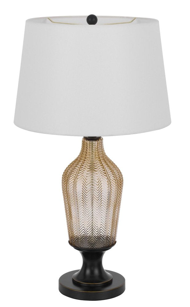 31" Bronze Glass Table Lamp With White Empire Shade. Table lamp isolated on a plain white background, showing a white glass surface.