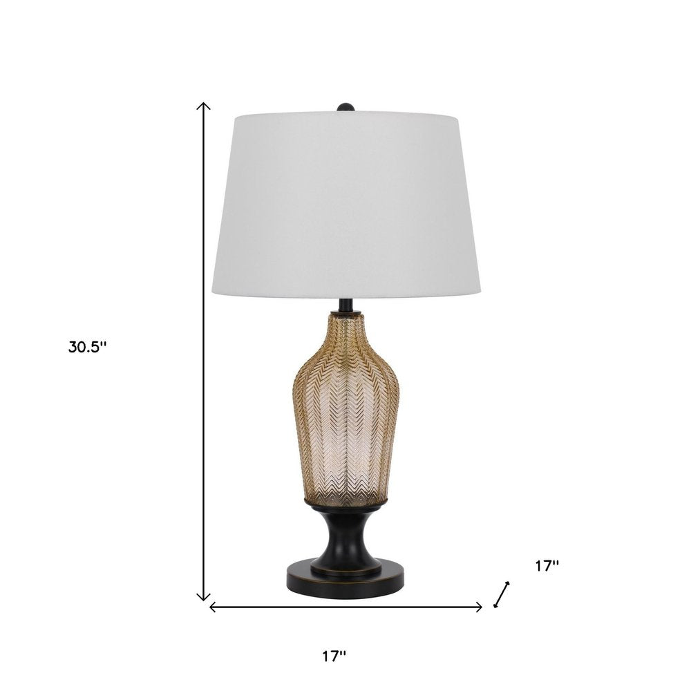 31" Bronze Glass Table Lamp With White Empire Shade. Table lamp isolated on a plain white background, in a white glass finish.