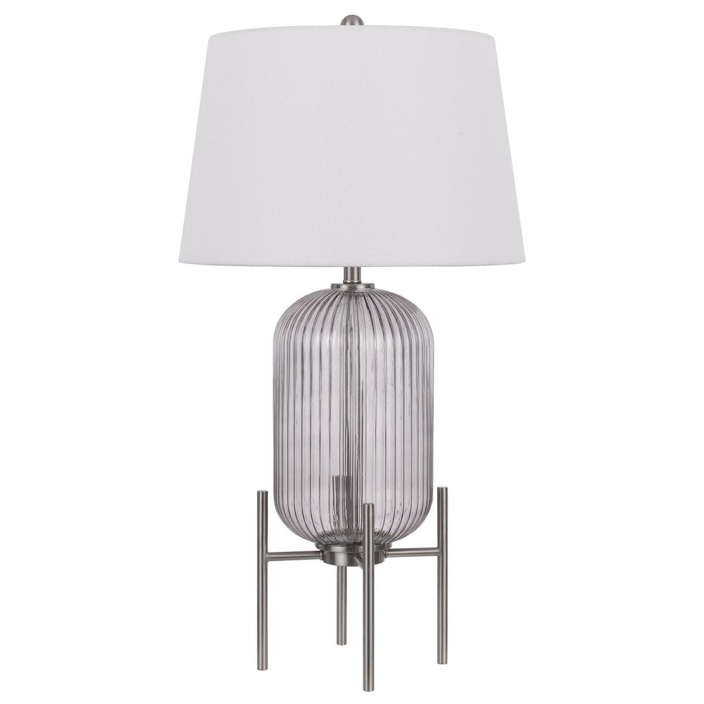 33" Nickel Glass Round Table Lamp With White Empire Shade. Table lamp isolated on a plain white background, showing a silver glass surface.