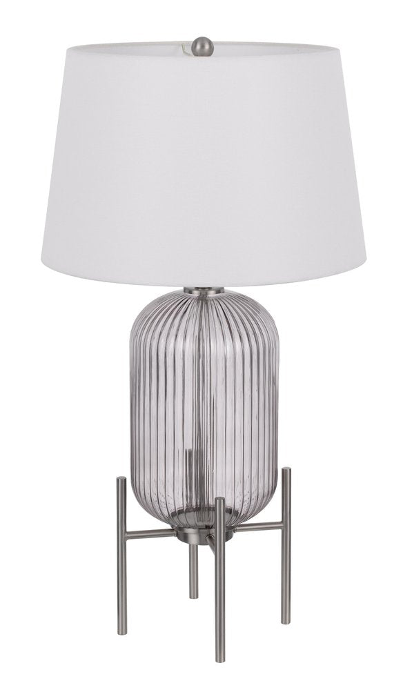 33" Nickel Glass Round Table Lamp With White Empire Shade. Table lamp isolated on a plain white background, finished in silver glass.