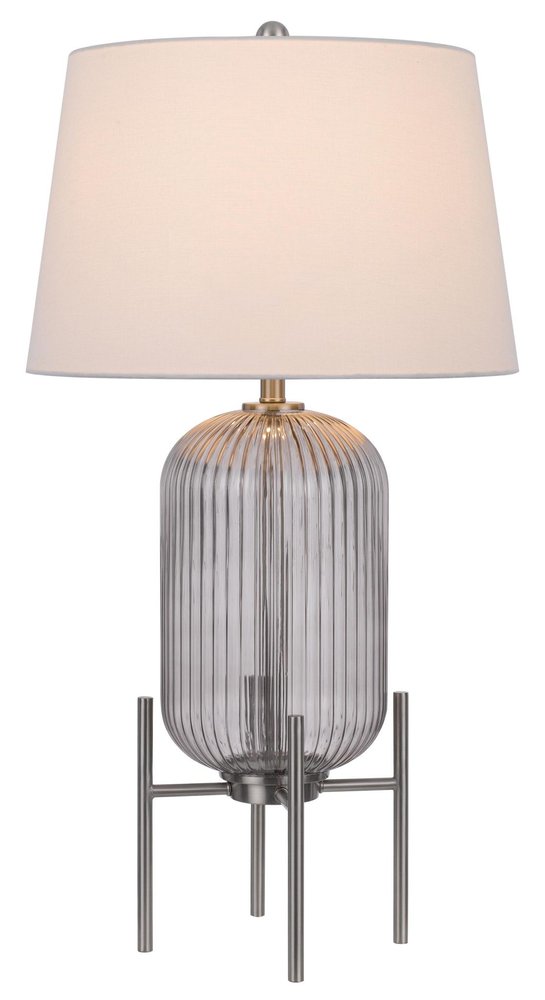 33" Nickel Glass Round Table Lamp With White Empire Shade. Table lamp isolated on a plain white background, showing a silver glass surface.