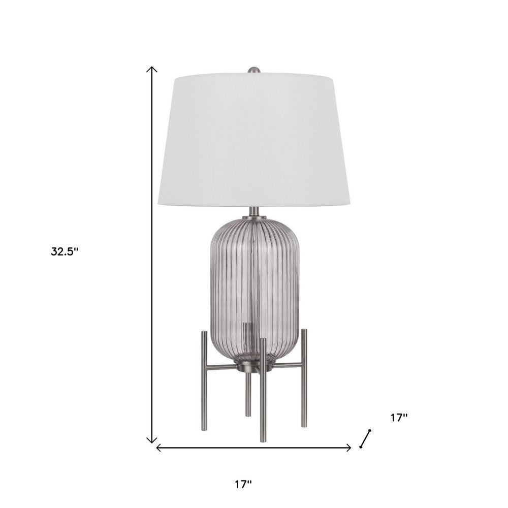 33" Nickel Glass Round Table Lamp With White Empire Shade. Table lamp isolated on a plain white background, finished in silver glass.
