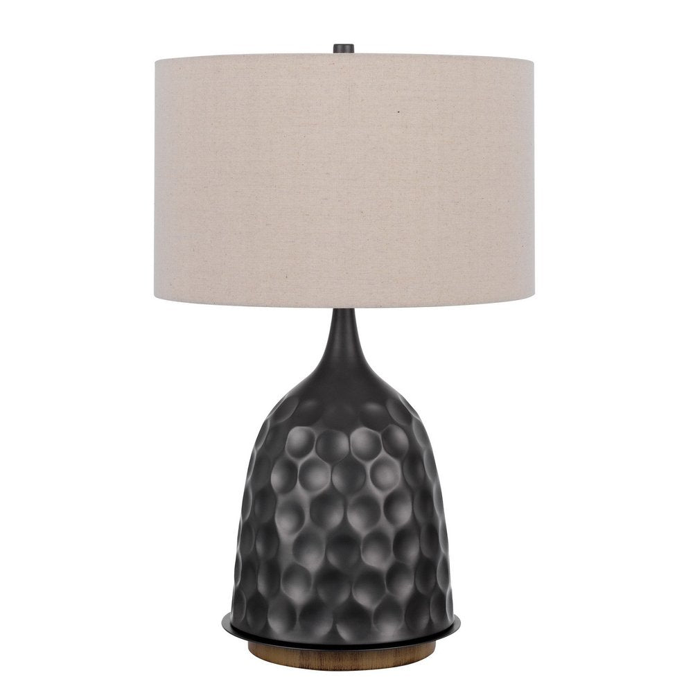 29" Gray Metal Table Lamp With Brown Drum Shade. Table lamp isolated on a plain white background, showing a gray metal surface.