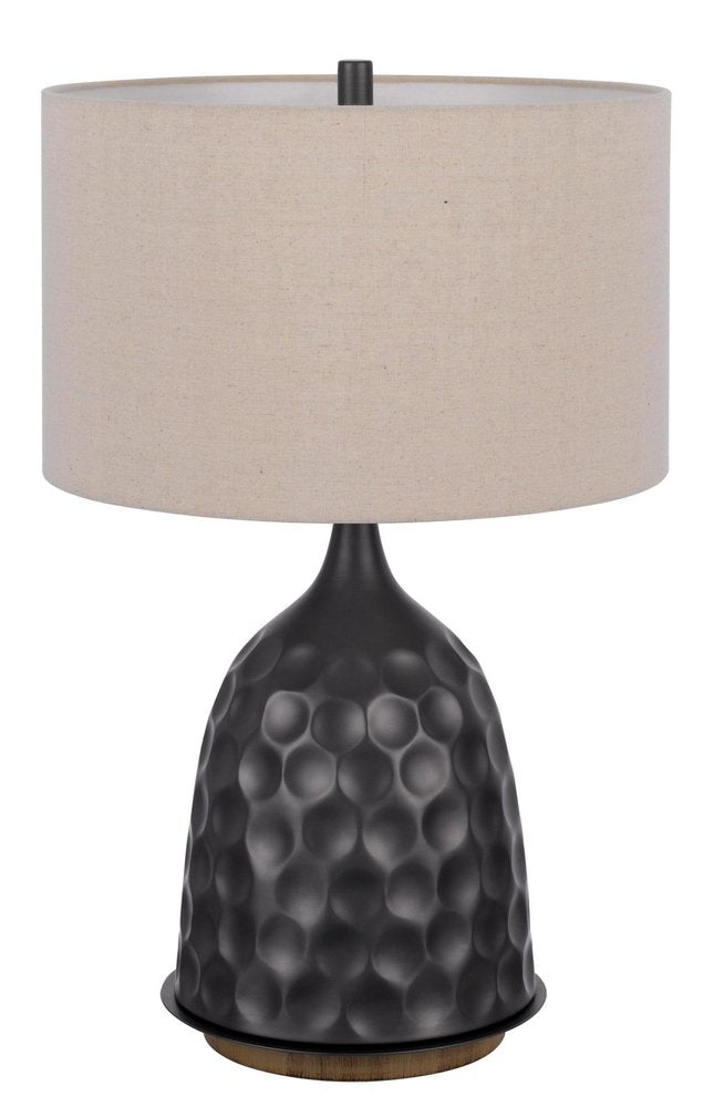 29" Gray Metal Table Lamp With Brown Drum Shade. Table lamp isolated on a plain white background, finished in gray metal.