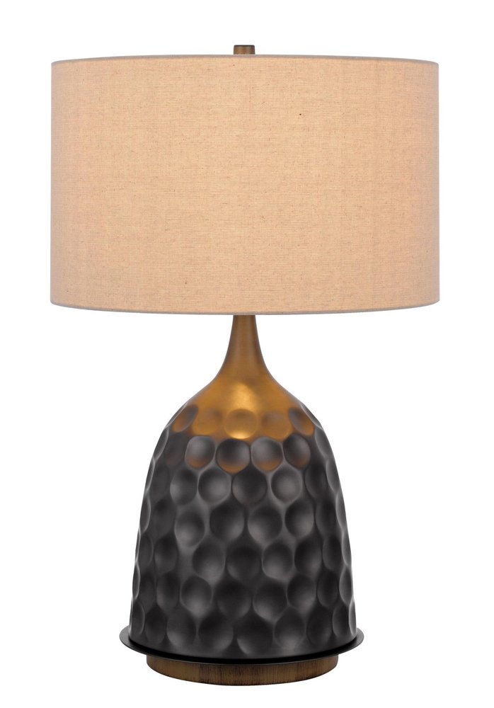 29" Gray Metal Table Lamp With Brown Drum Shade. Table lamp isolated on a plain white background, showing a gray metal surface.