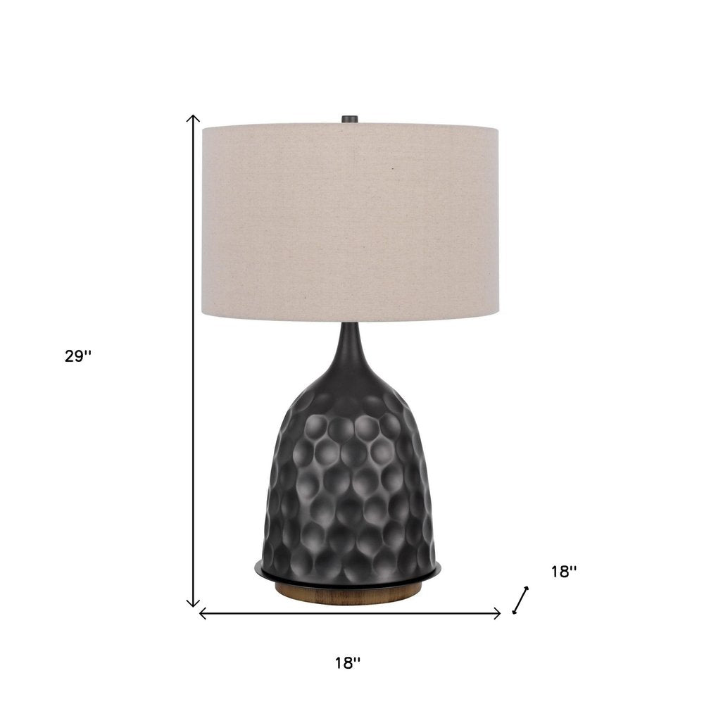 29" Gray Metal Table Lamp With Brown Drum Shade. Table lamp isolated on a plain white background, in a gray metal finish.