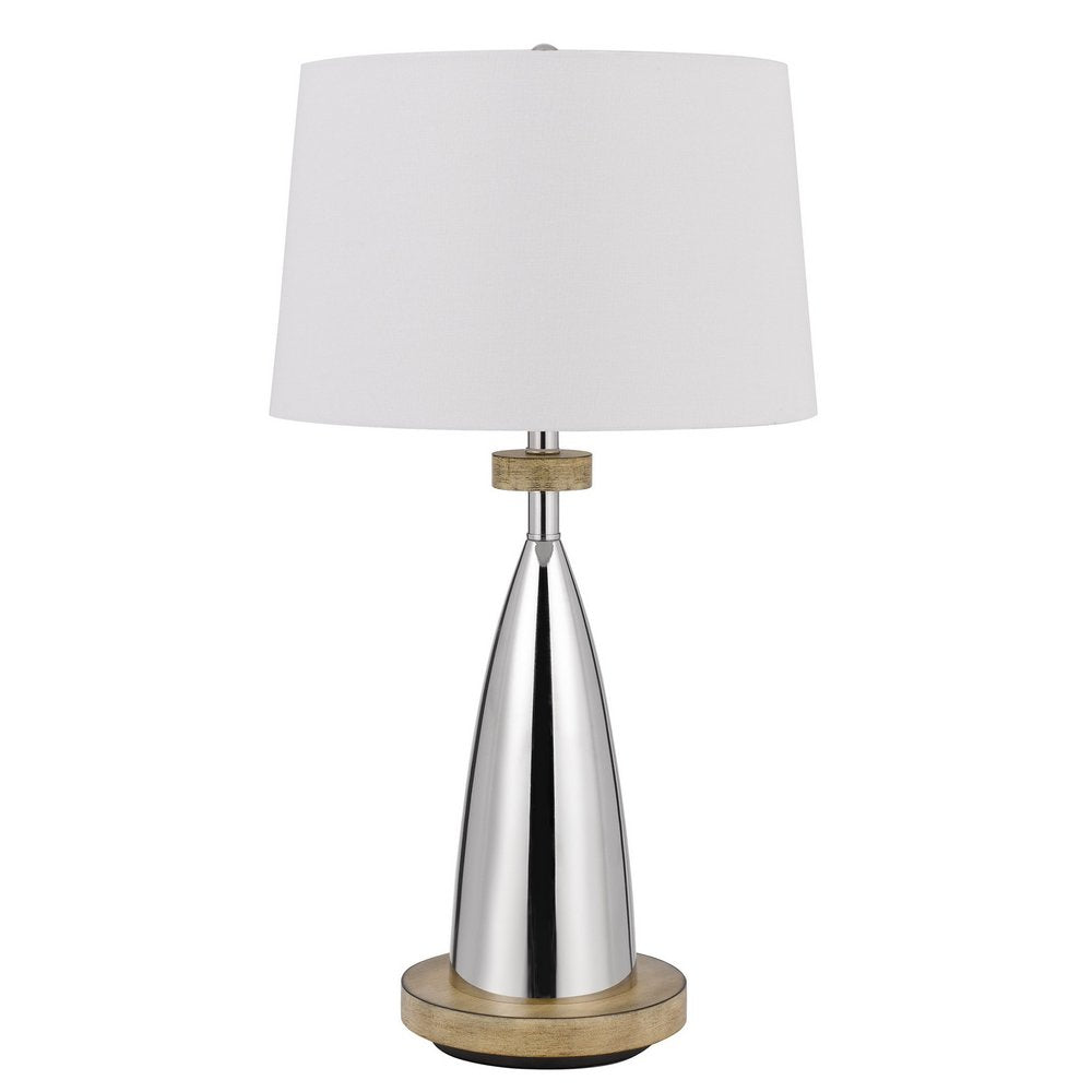 31" Brown Metal Geometric USB Table Lamp With White Empire Shade. Table lamp isolated on a plain white background, showing a white metal surface.