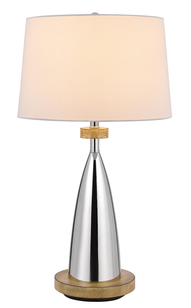 31" Brown Metal Geometric USB Table Lamp With White Empire Shade. Table lamp isolated on a plain white background, in a white metal finish.