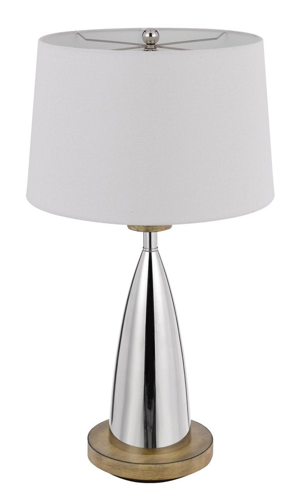 31" Brown Metal Geometric USB Table Lamp With White Empire Shade. Table lamp isolated on a plain white background, showing a white metal surface.