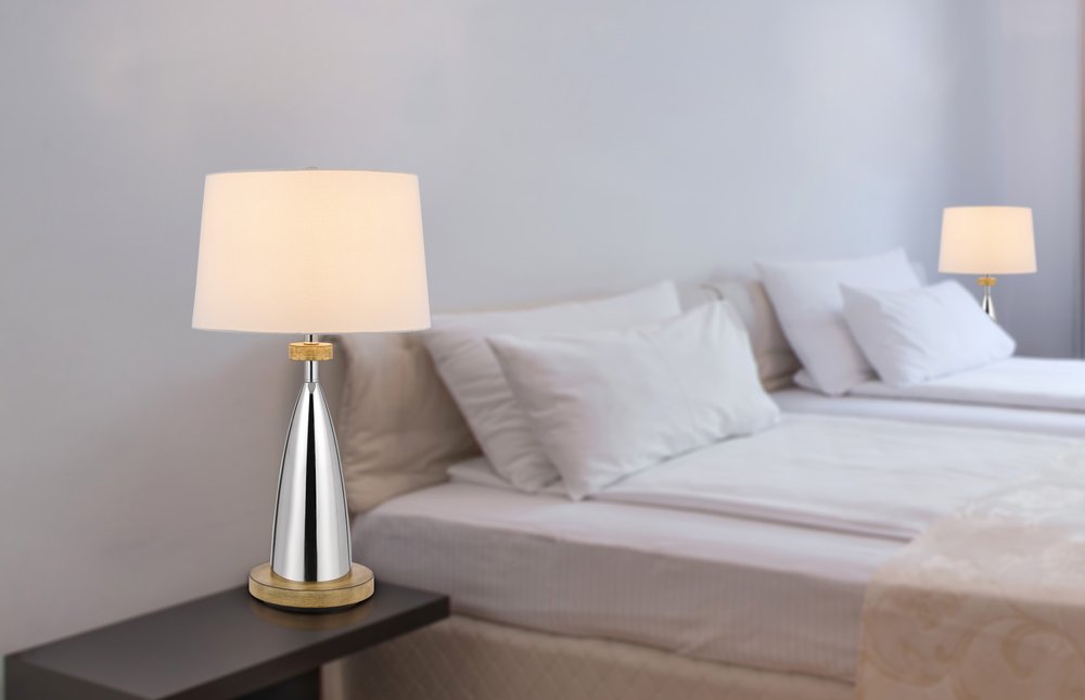 31" Brown Metal Geometric USB Table Lamp With White Empire Shade displayed on a dark wood tabletop in a furnished interior against a light gray wall.