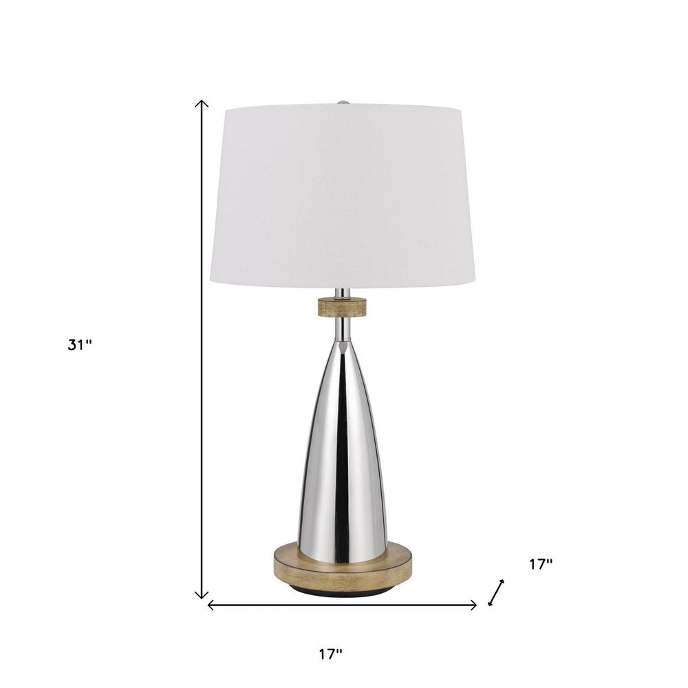 31" Brown Metal Geometric USB Table Lamp With White Empire Shade. Table lamp isolated on a plain white background, finished in white metal.