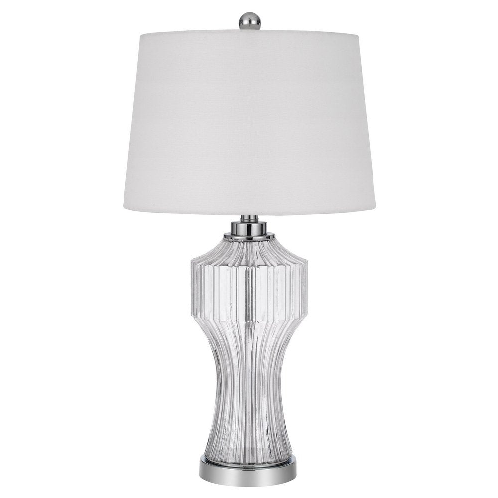 26" Clear Glass Table Lamp With White Empire Shade. Table lamp isolated on a plain white background, showing a white glass surface.