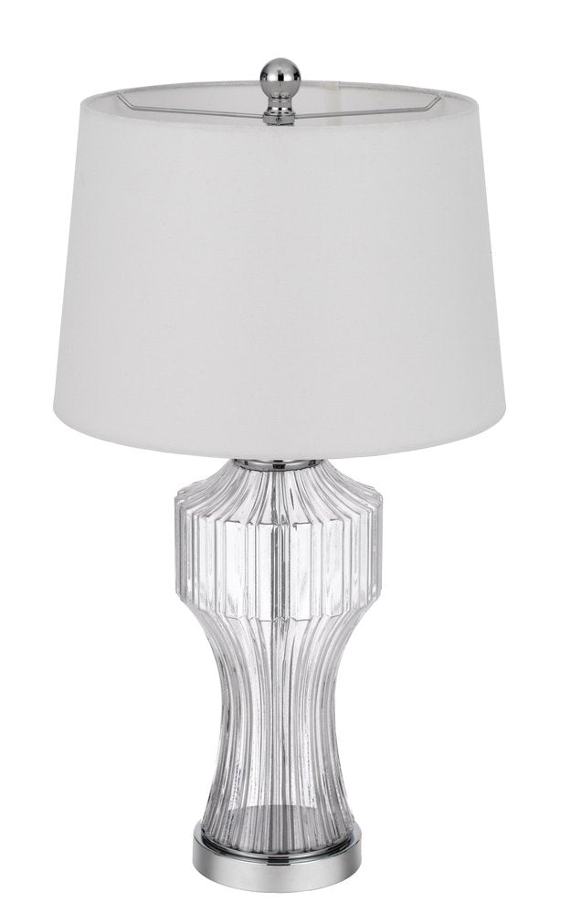 26" Clear Glass Table Lamp With White Empire Shade. Table lamp isolated on a plain white background, in a white glass finish.