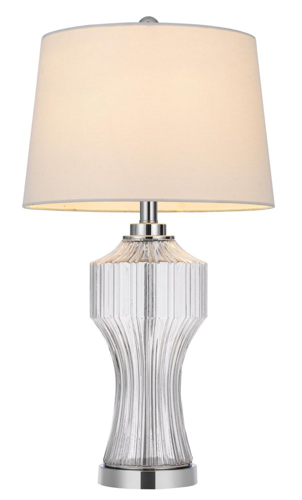 26" Clear Glass Table Lamp With White Empire Shade. Table lamp isolated on a plain white background, showing a white glass surface.