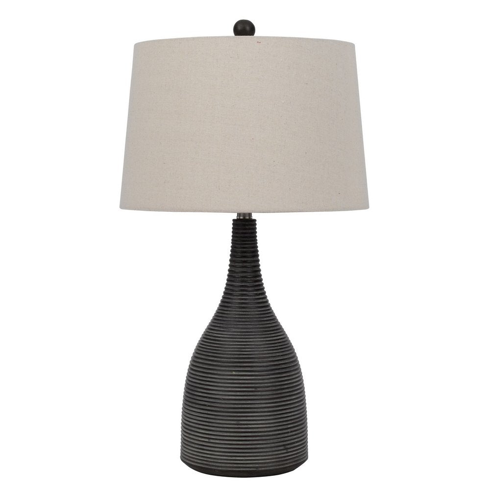 29" Black Ceramic Round Table Lamp With Beige Empire Shade. Table lamp isolated on a plain white background, showing a beige ceramic surface.