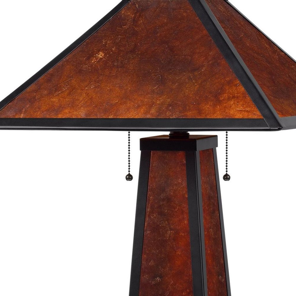 24" Burnt Orange Metal Two Light Table Lamp With Amber Square Shade. Table lamp isolated on a plain white background, showing a metal surface.