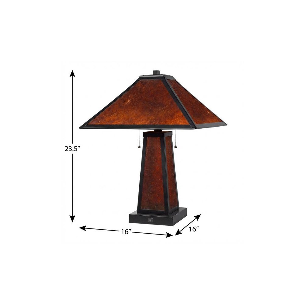 24" Burnt Orange Metal Two Light Table Lamp With Amber Square Shade. Table lamp isolated on a plain white background, showing a metal surface.
