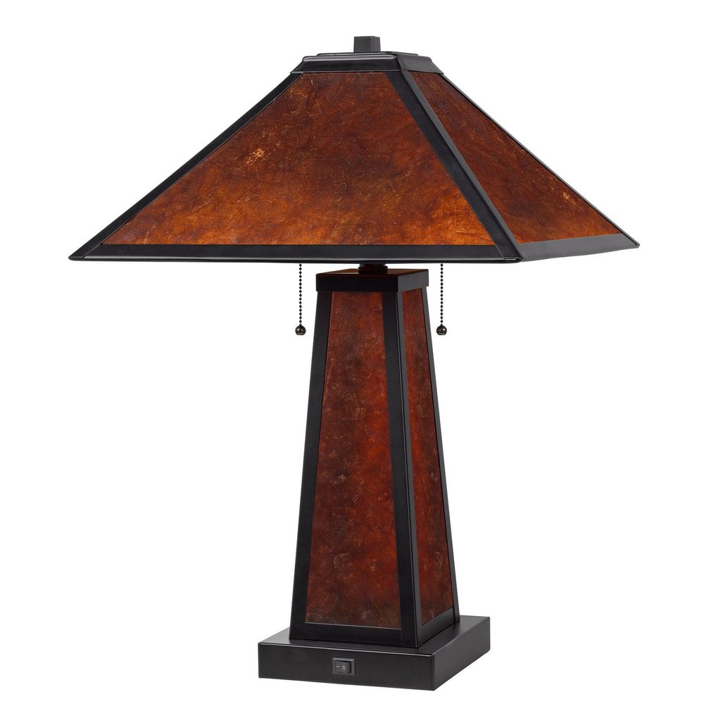 24" Burnt Orange Metal Two Light Table Lamp With Amber Square Shade. Table lamp isolated on a plain white background, showing a metal surface.