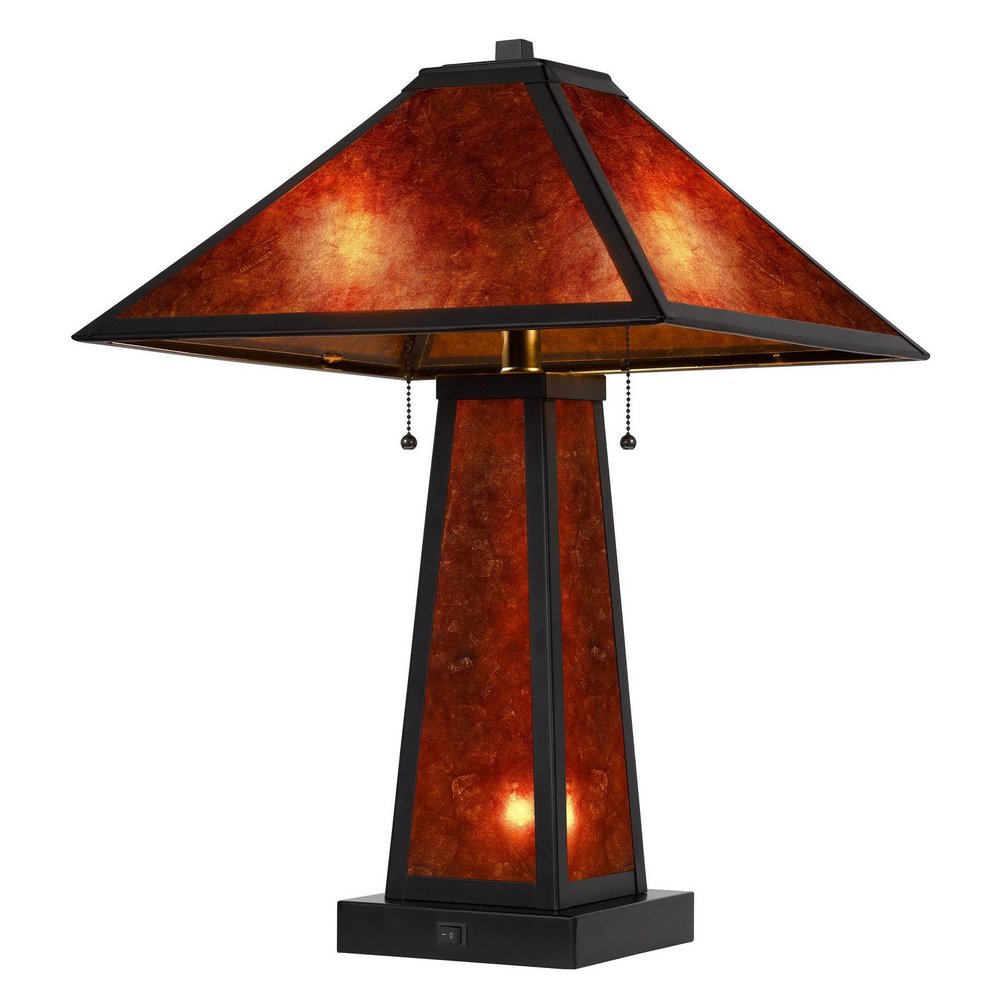 24" Burnt Orange Metal Two Light Table Lamp With Amber Square Shade. Table lamp isolated on a plain white background, showing a metal surface.