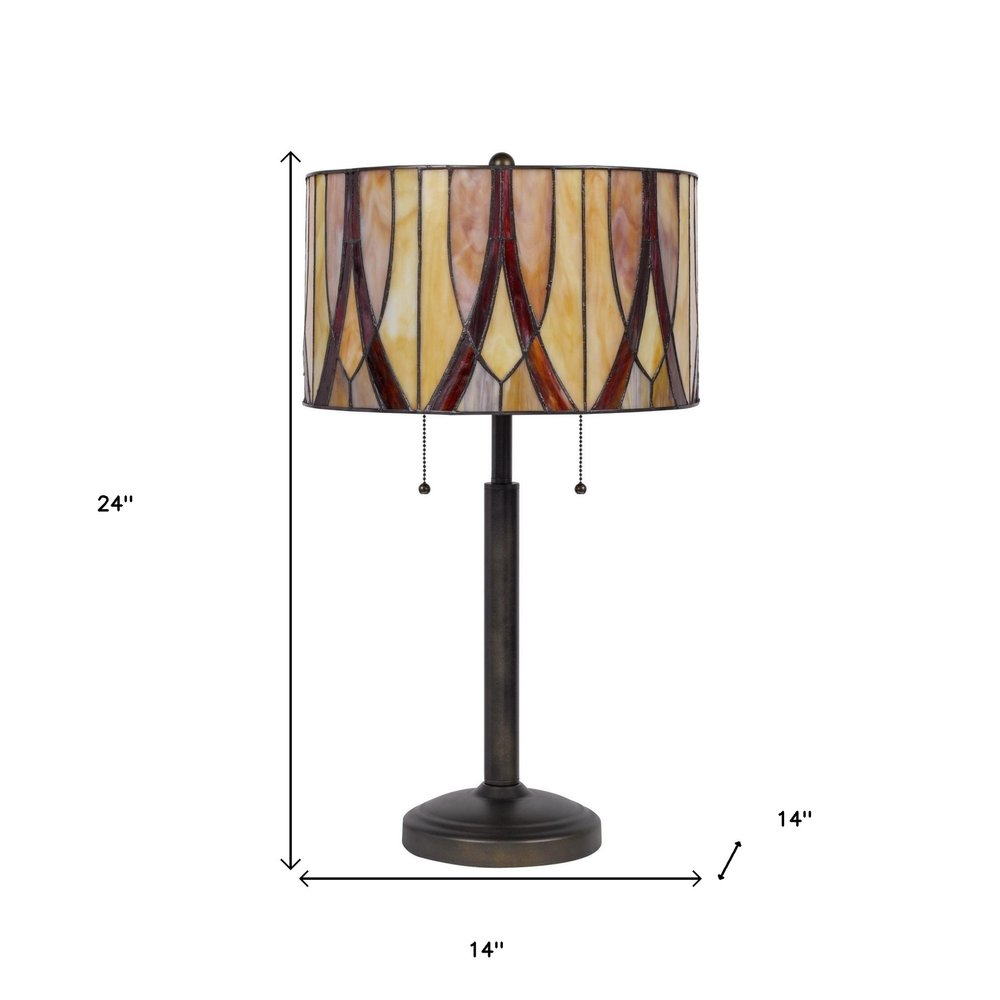 24" Bronze Metal Two Light Table Lamp With Red And Ivory Drum Shade. Table lamp isolated on a plain white background, showing a red metal surface.