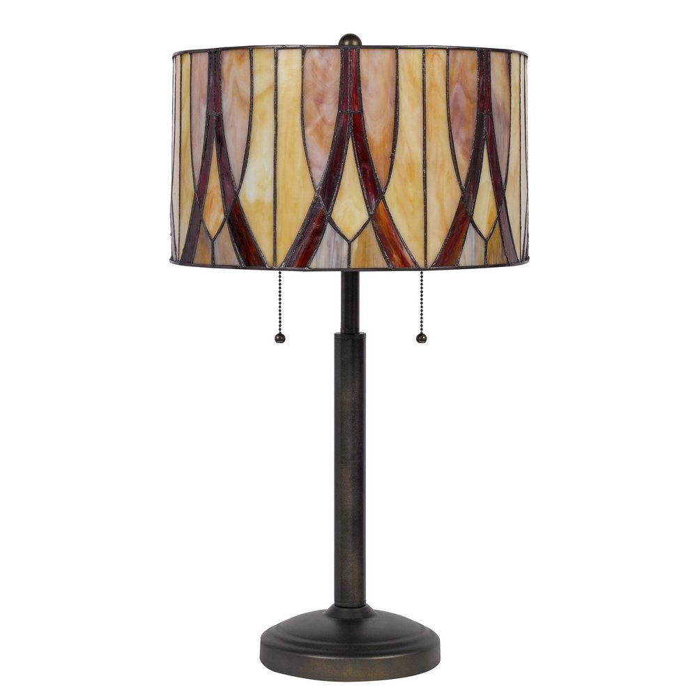 24" Bronze Metal Two Light Table Lamp With Red And Ivory Drum Shade. Table lamp isolated on a plain white background, showing a bronze metal surface.