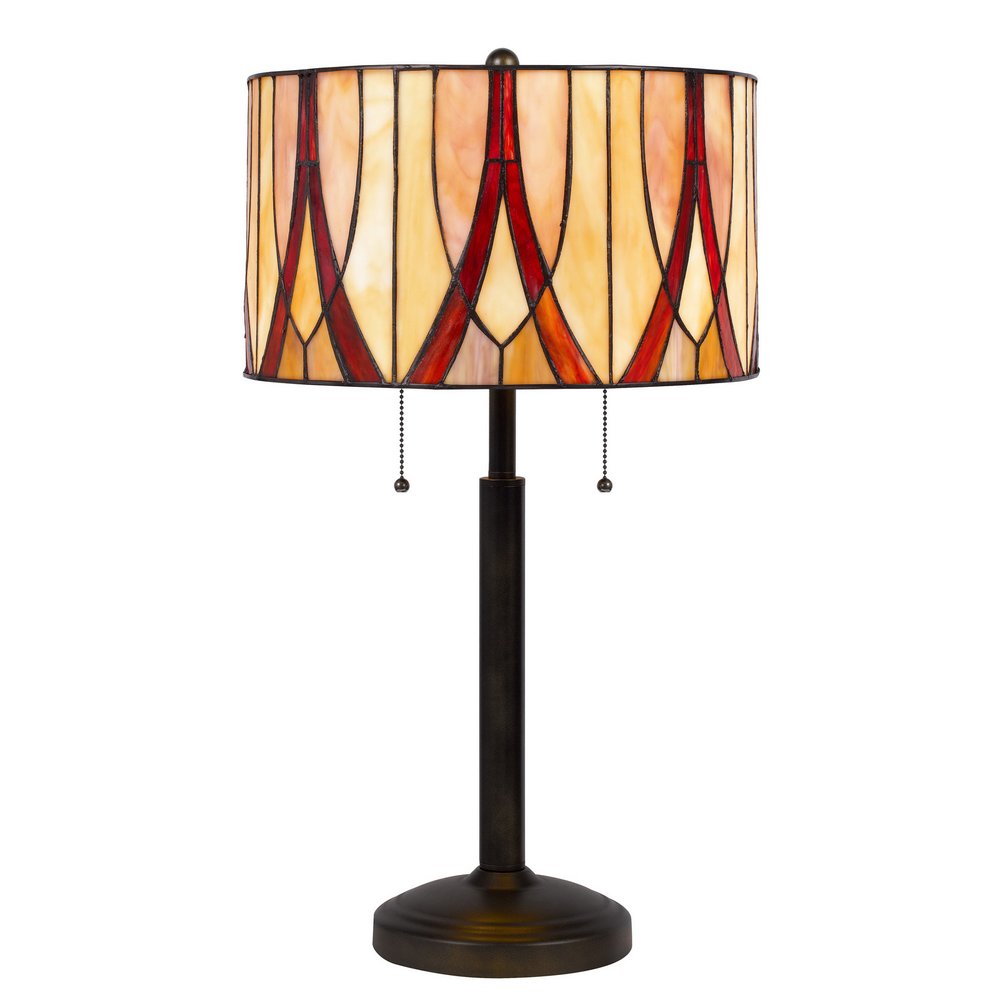 24" Bronze Metal Two Light Table Lamp With Red And Ivory Drum Shade. Table lamp isolated on a plain white background, finished in ivory metal.