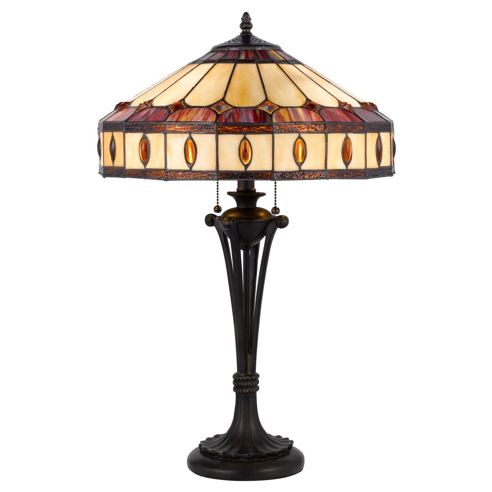 26" Black Metal Two Light Candlestick Table Lamp With Ivory and Red Dome Shade. Table lamp isolated on a plain white background, finished in ivory metal.