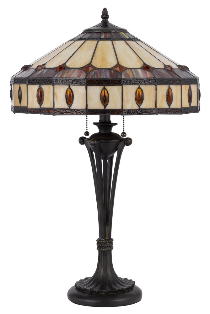26" Black Metal Two Light Candlestick Table Lamp With Ivory and Red Dome Shade. Table lamp isolated on a plain white background, in a ivory metal finish.
