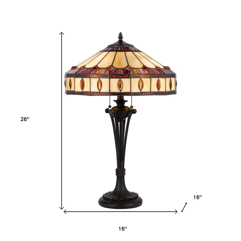 26" Black Metal Two Light Candlestick Table Lamp With Ivory and Red Dome Shade. Table lamp isolated on a plain white background, finished in ivory metal.