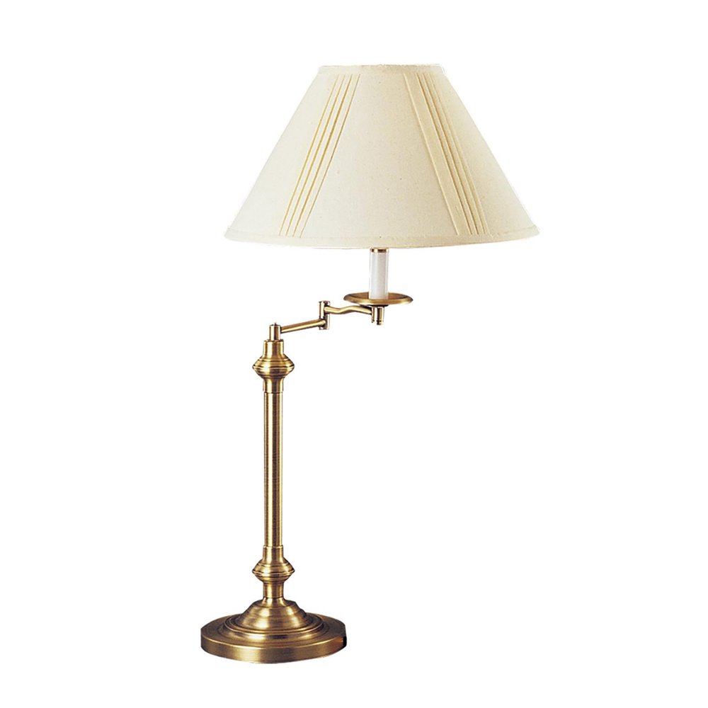 30" Bronze Metal Swing Arm Table Lamp With Off White Empire Shade. Table lamp isolated on a plain white background, in a off-white metal finish.