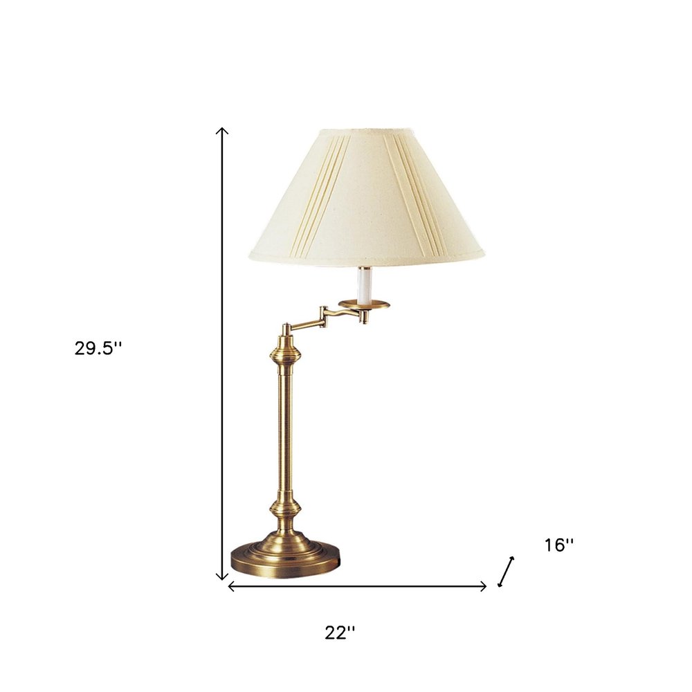 30" Bronze Metal Swing Arm Table Lamp With Off White Empire Shade. Table lamp isolated on a plain white background, showing a off-white metal surface.