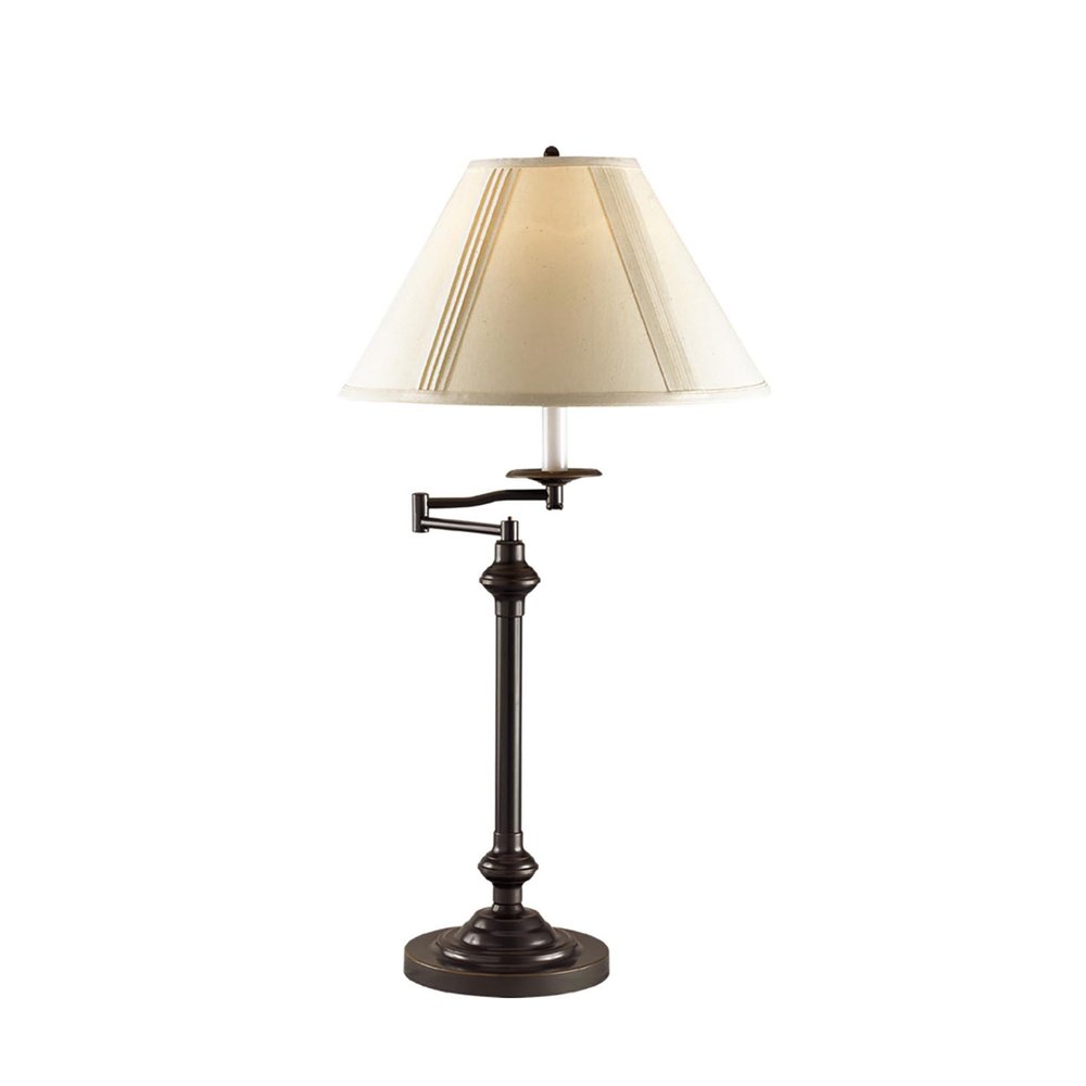 30" Antiqued Bronze Metal Swing Arm Table Lamp With Off White Empire Shade. Table lamp isolated on a plain white background, finished in off-white metal.