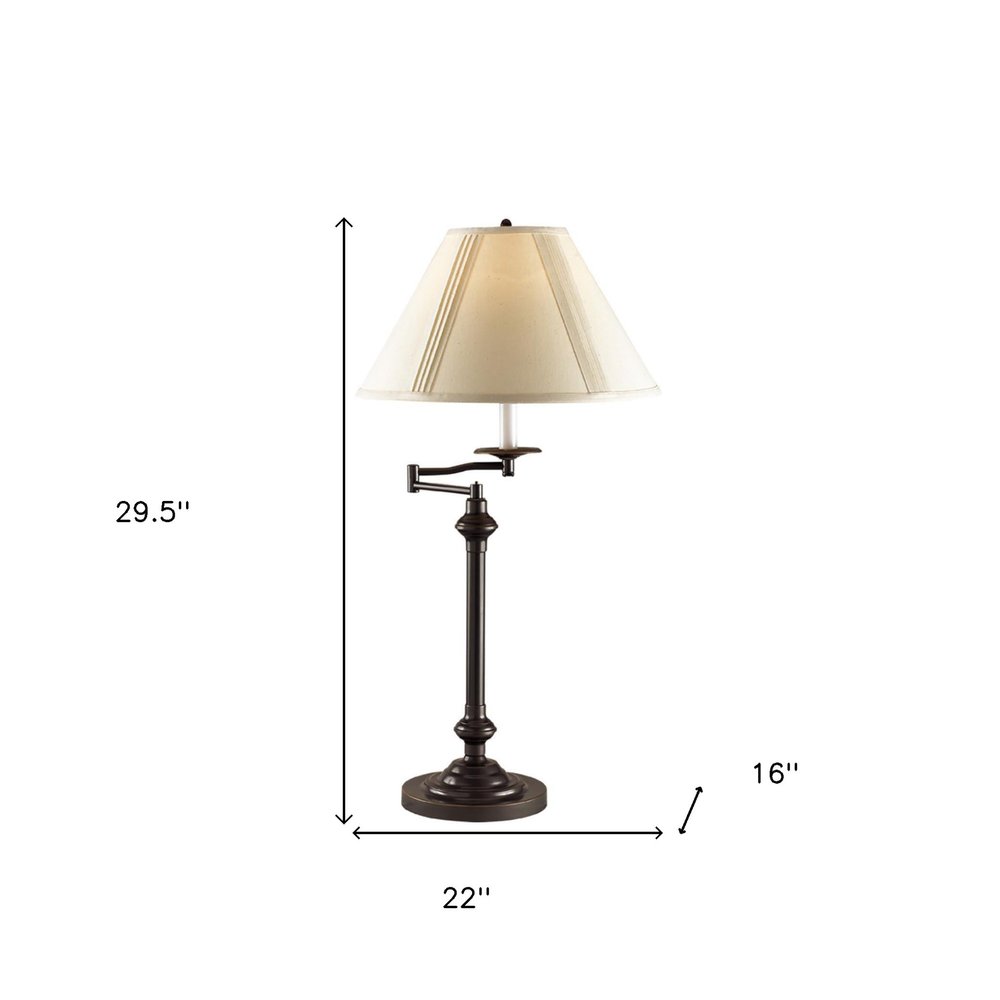 30" Antiqued Bronze Metal Swing Arm Table Lamp With Off White Empire Shade. Table lamp isolated on a plain white background, in a off-white metal finish.