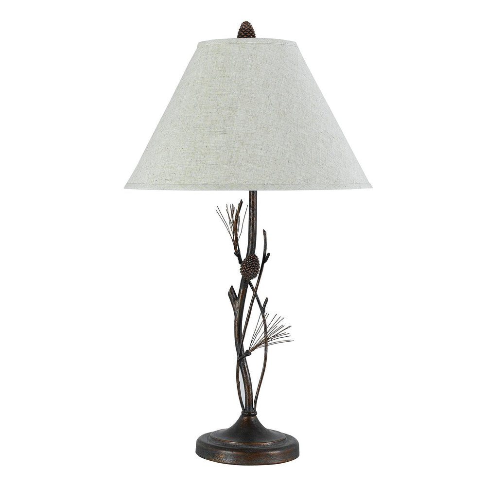 32" Rust Metal Table Lamp With Gray Empire Shade. Table lamp isolated on a plain white background, showing a gray metal surface.