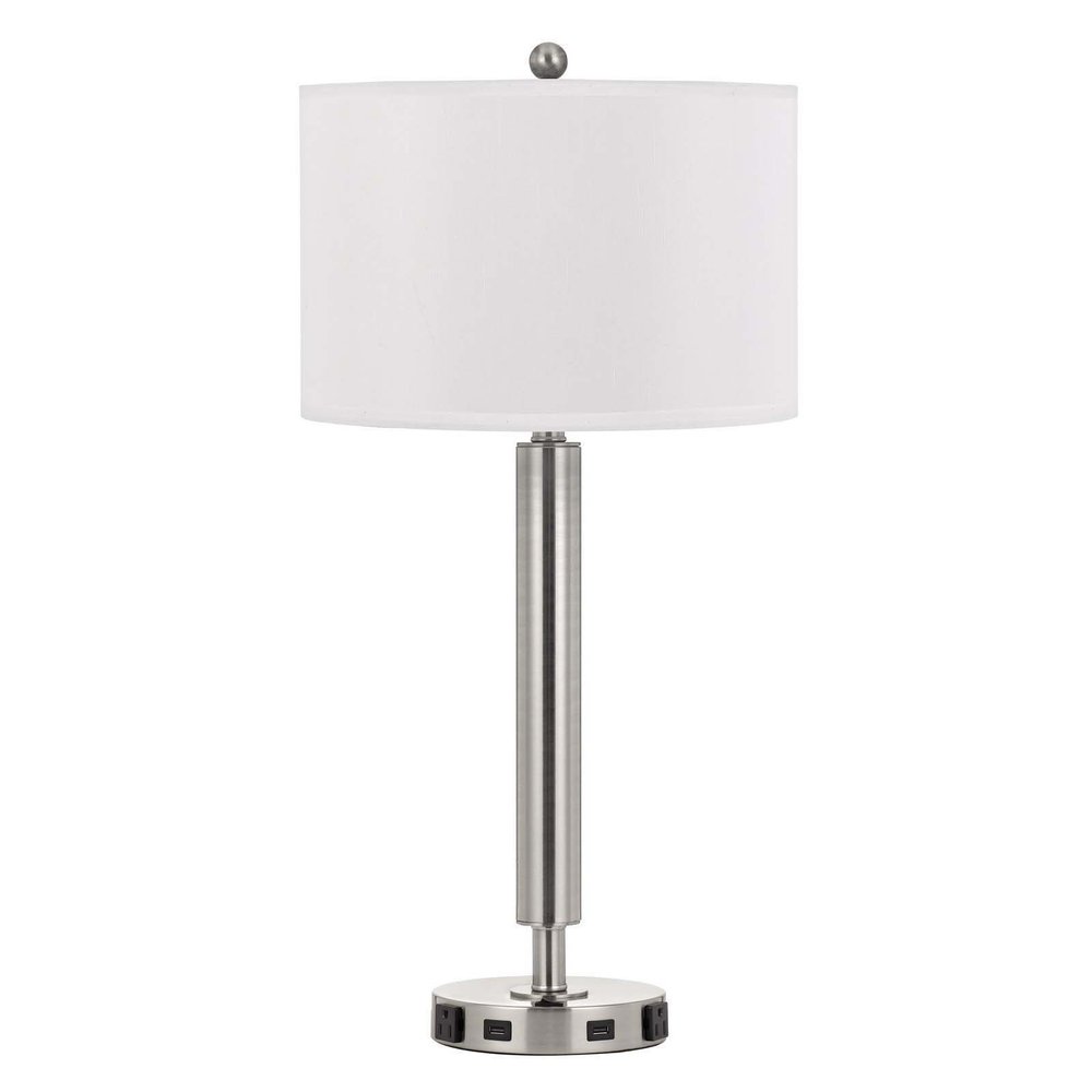 30" Nickel Metal Cylinder USB Table Lamp With White Drum Shade. Table lamp isolated on a plain white background, finished in silver metal.