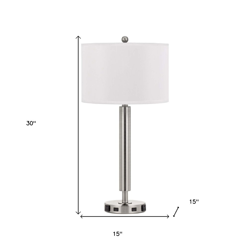 30" Nickel Metal Cylinder USB Table Lamp With White Drum Shade. Table lamp isolated on a plain white background, showing a silver metal surface.