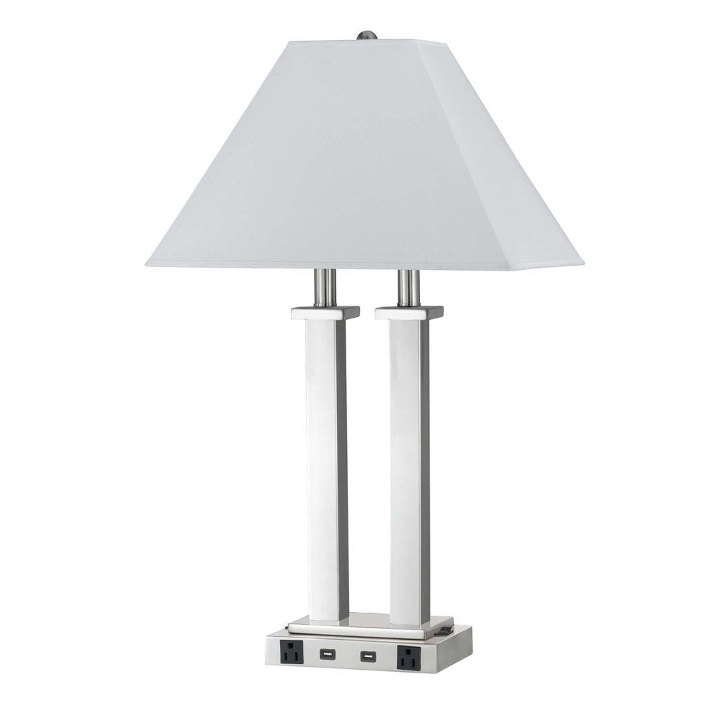 26" Nickel Metal Two Light Desk USB Table Lamp With White Novelty Shade. Table lamp isolated on a plain white background, showing a silver metal surface.