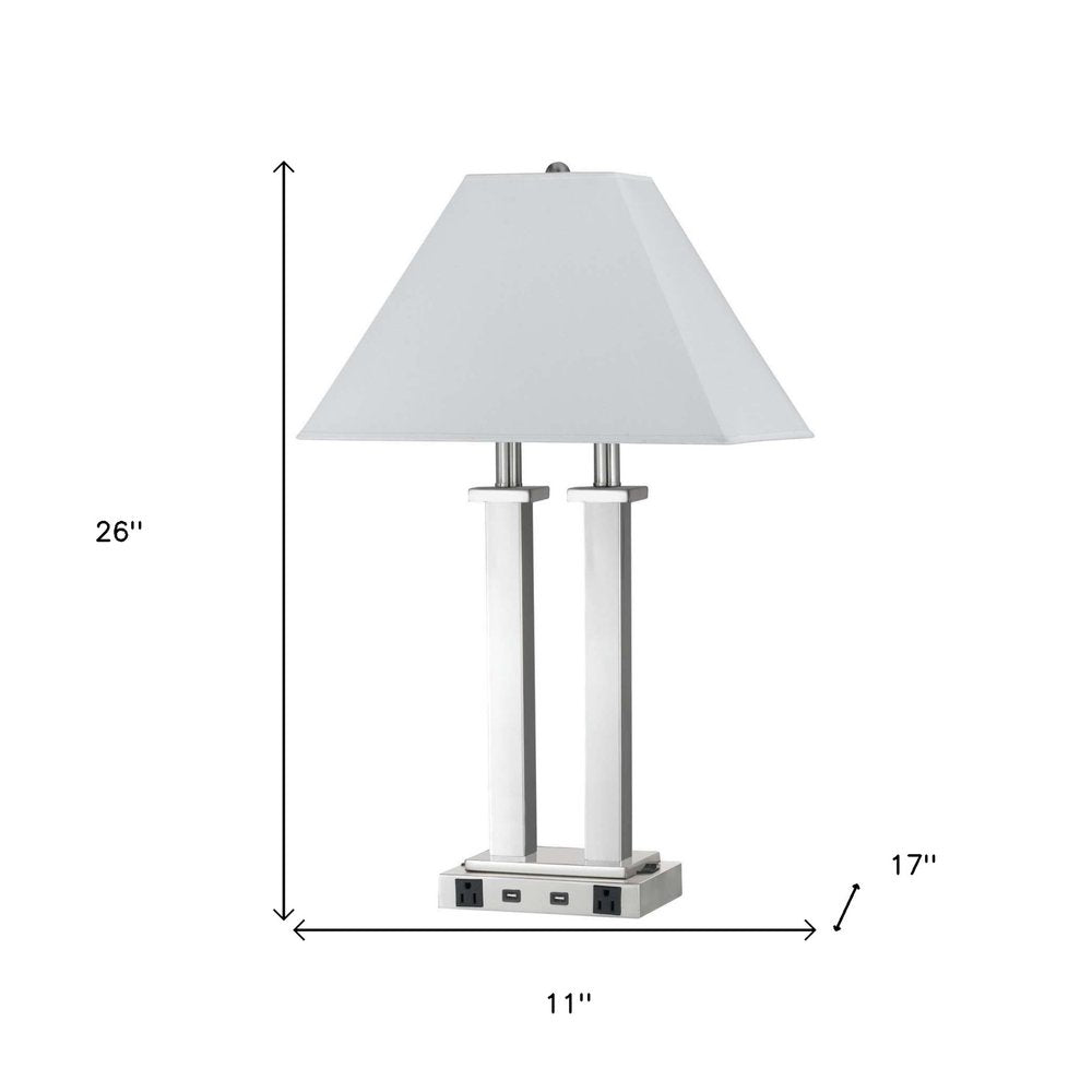 26" Nickel Metal Two Light Desk USB Table Lamp With White Novelty Shade. Table lamp isolated on a plain white background, finished in silver metal.