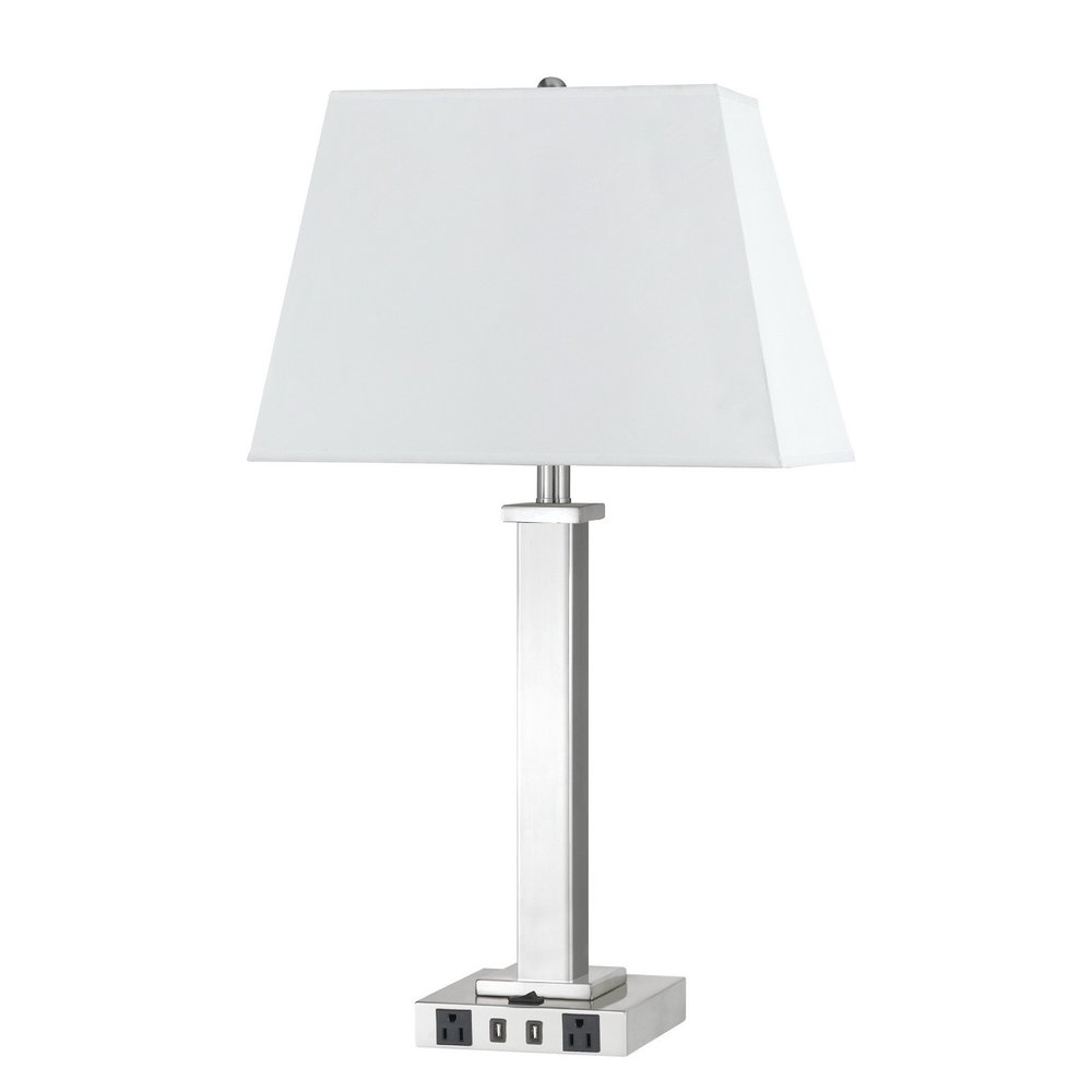 28" Nickel Metal USB Table Lamp With White Shade. Table lamp isolated on a plain white background, in a silver metal finish.
