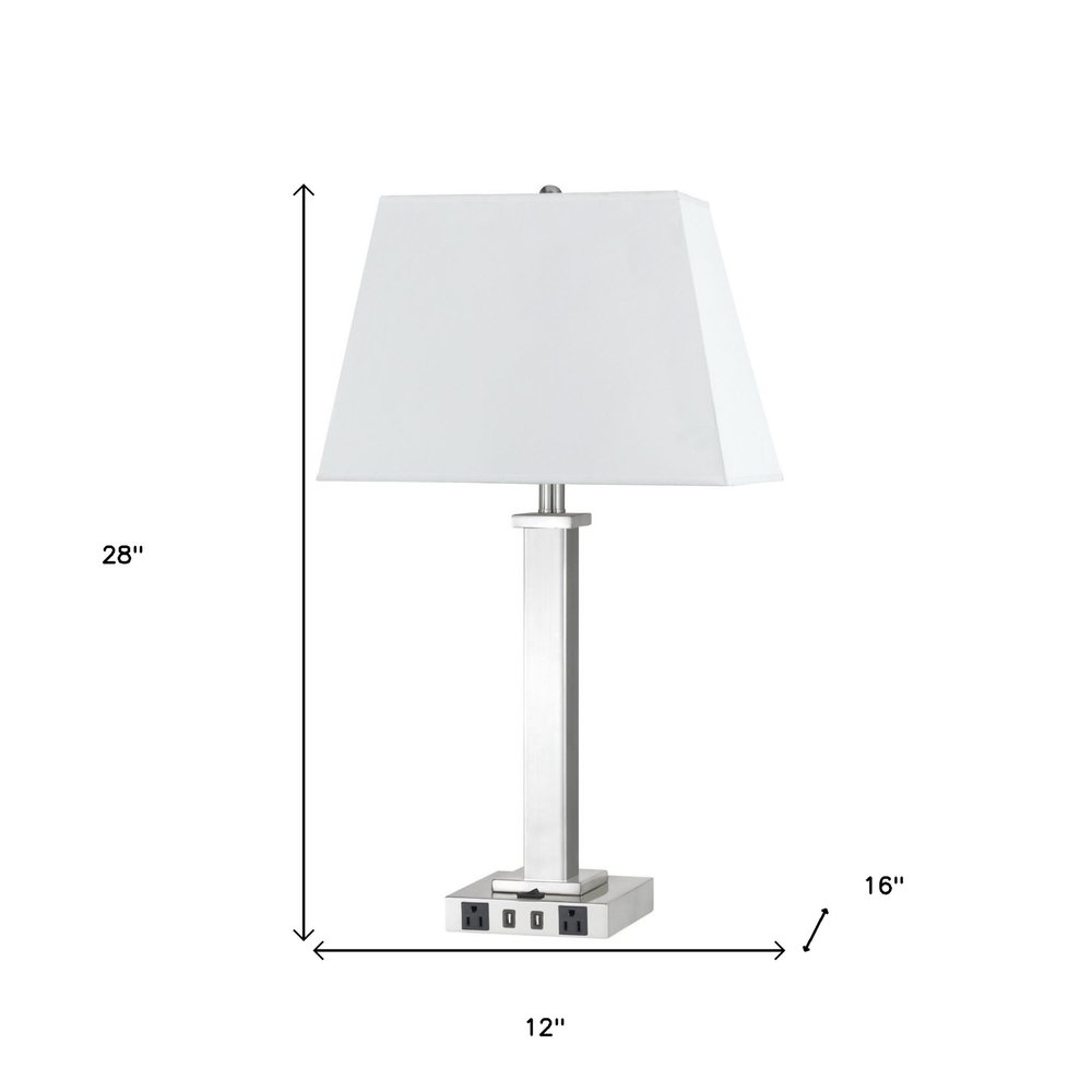 28" Nickel Metal USB Table Lamp With White Shade. Table lamp isolated on a plain white background, in a silver metal finish.